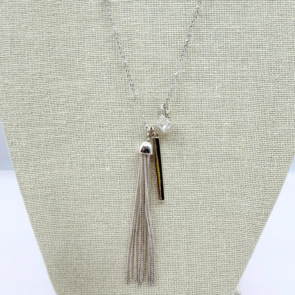Vintage 90s SilverTone Tassel Bar Cube Glass Pendant Long Station Chain Necklace